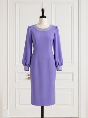 Lily & Taylor Lavender Rhinestone Trim Midi Dress Bishop Sleeve Size 8 NWT